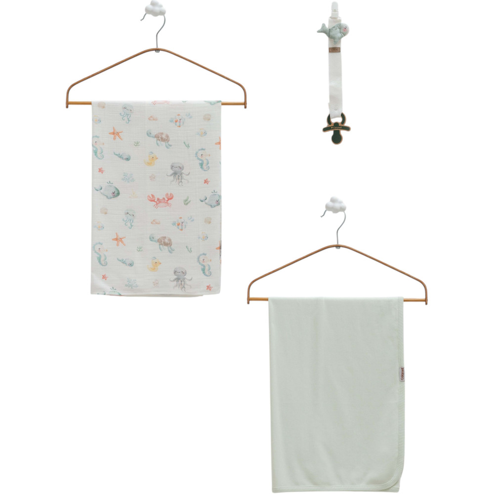 Blanket+muslin blanket+pacifier holder, series BASIC. (Expected date)