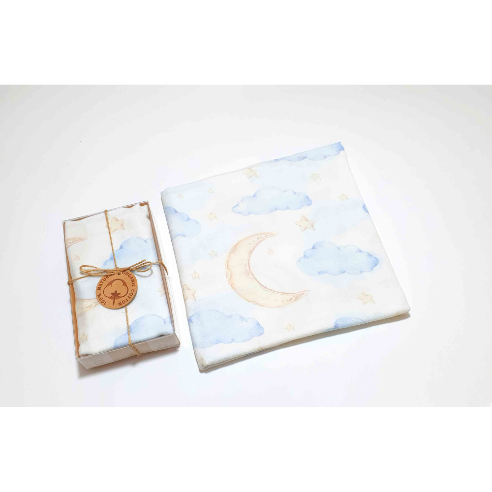 Muslin blanket. Print: Moon, Clouds, Stars