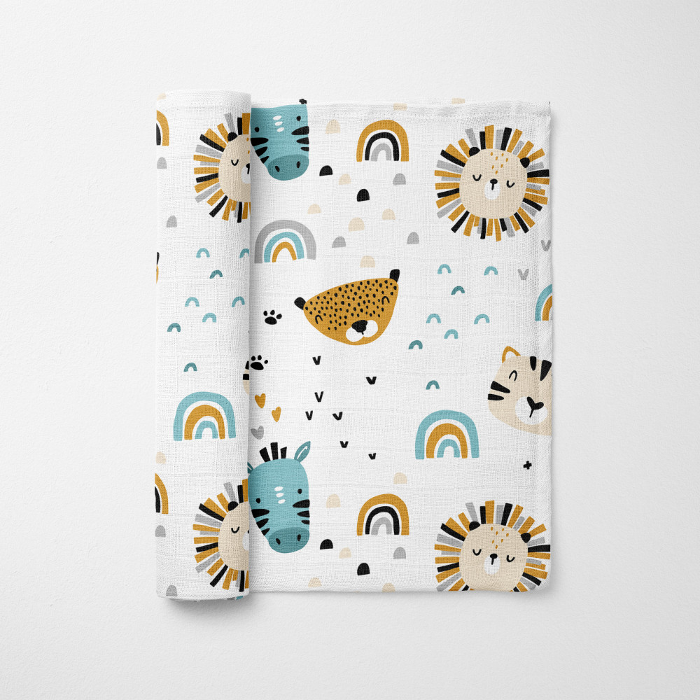 Muslin blanket. Print:Baby Lions and Leopard